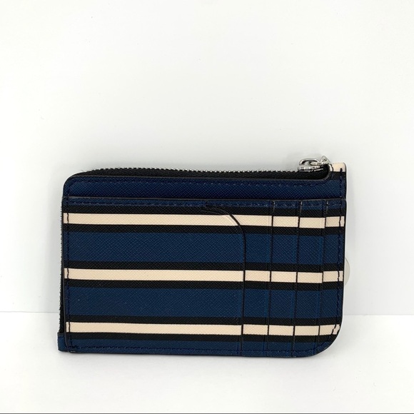 Kate Spade Cameron medium L-zip York stripe card holder keyring blue black new - Picture 2 of 6